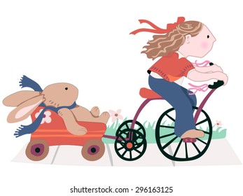 A Girl and her Best Friend
A sweet little brown-haired girl rides a tricycle on the sidewalk and pulls a toy wagon carrying her favorite stuffed, plush toy bunny. Easy to edit, scalable vector.
