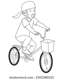 A girl with her bicycle in outline and vector. 