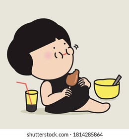 Girl With Her Big Fat Belly Relaxing On Floor And Eating Food Concept Card Character Illustration