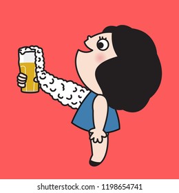 Girl And Her Bubble Of Beer Arms Toast With Glasses Of Beer. Concept Of Cheering And Celebrating Card Character illustration