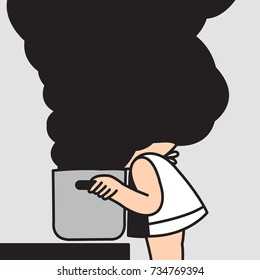 Girl With Her Burnt Food In Pot Concept Card Character illustration