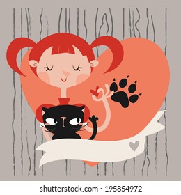 Girl with her cat card/background template with place for your text.