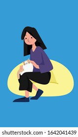 A Girl and Her Cat Sitting In The Couch And Playing Together Illustration, Cute cat and A Girl, Vector Image, Character Flat Design, Simple Illustration, Stay At Home