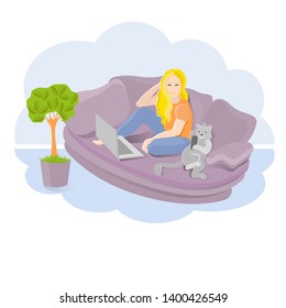 The girl with her cat is sitting on the sofa with a telephone and a laptop. Vector illustration