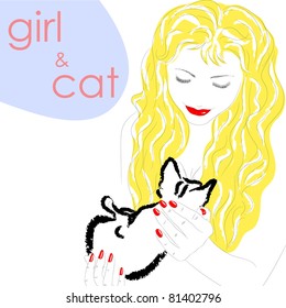 girl and her cat. vector illustration