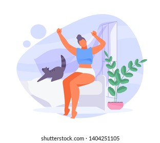 Girl With Her Cat Wake Up And Stretch. Good Morning. Vector Illustration