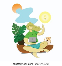 A girl and her cat who are having fun learning illustrations with many brilliant ideas in her brain, yes! the girl is very enthusiastic !!