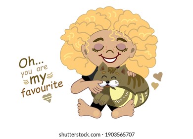 Girl and her cat.Vector illustration