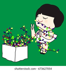 Girl With Her Cheer Up Hand Sign Two Finger Untangling Colorful Christmas String Lights From Cardboard Box On Green Background Concept Card Charcater illustration