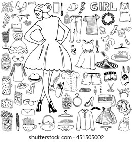 Girl and her clothes with accessories. Hand drawn doodle on the theme of fashion.