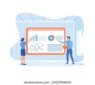 Girl and her colleague analyze information received, Employees look at chart sheets. flat vector modern illustration 