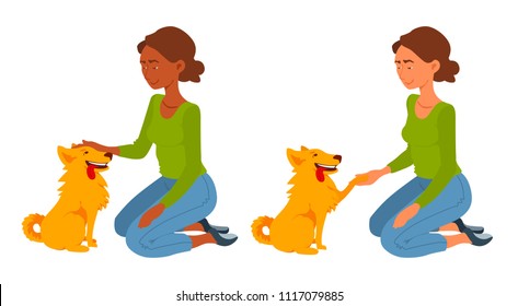 Girl and her cute dog. A young woman kneeling, pet the dog, holding paw. Dog and lady look at each other. Vector cartoon flat design illustration isolated on white background.