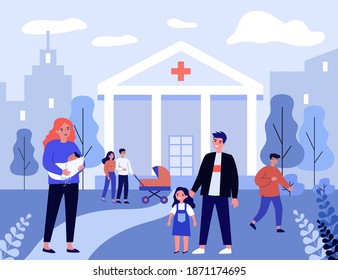 Girl and her dad visiting mom with baby in hospital. New mother, newborn kid, family flat vector illustration. Maternity clinic, medical help concept for banner, website design or landing web page