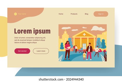 Girl and her dad visiting mom with baby in hospital. New mother, newborn kid, family flat vector illustration. Maternity clinic, medical help concept for banner, website design or landing web page