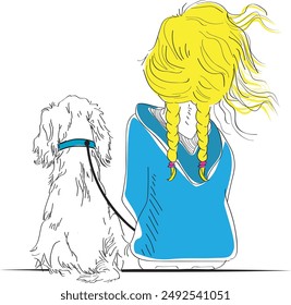 girl with her dog drawing with color