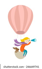 Girl And Her Dog Flying In A Hot Air Balloon