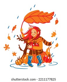 Girl And Her Dog Hiding From The Rain. Autumn Season. Harvesting. Vector Illustration. 