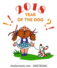 Girl and her dog are looking to the chinese New Year. Colored vector for gift or card. 