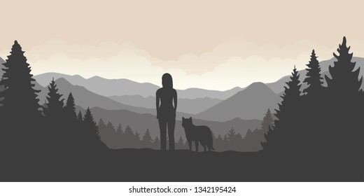 girl and her dog are looking into the distance on a mountain and forest landscape vector illustration EPS10