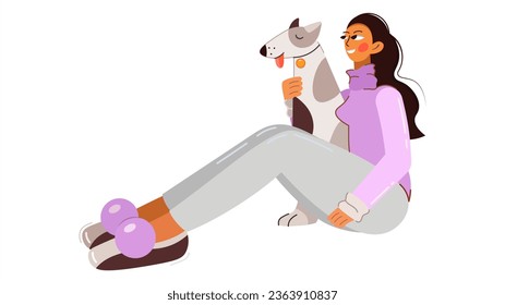 A girl and her dog are relaxing at home. A woman hugs her dog with warmth and love, reflecting the concept of the relationship between people and their pets. Vector isolated illustration.