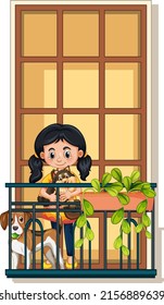 A girl with her dogs standing on the balcony illustration