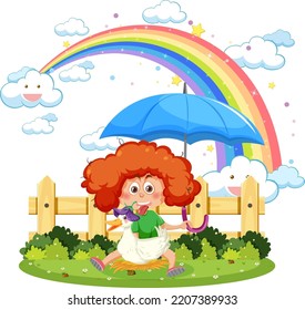 A girl with her duck on rainbow in the sky illustration