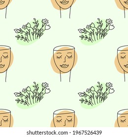 A girl with her eyes closed and flowers on a green background in line art style for printing or textiles
