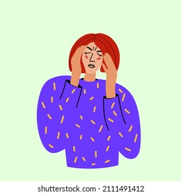 The girl with her eyes closed presses her hands to her head. The concept of pain, symptoms, disease, virus.