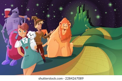 A girl and her fairy tales friends, going on an adventure to a magical green castle