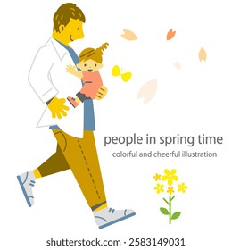 A girl and her father rejoicing in spring - Colorful and fun flat illustration