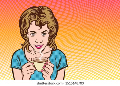 The girl with her favorite coffee, warmly fragrant. Vector style retro cartoon. Illustration isolated from the background.