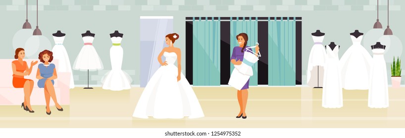 Girl with her friends chooses a wedding dress in a wedding store. Vector illustration