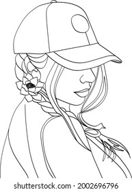 A girl with her hair in a baseball cap looks away. Minimalism style. Design can be used for prints on t-shirts or clothes, decor, modern tattoos, albums, icons, banners. Isolated vector illustration