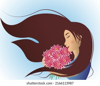 Girl with her hair fluttering in the wind hugs a bouquet of pink flowers.Vector illustration in flat style.