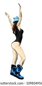 Girl With Her Hands Up In A Hat And In Ski Boots, Standing Back In A Sexy Swimsuit, Sketch Vector Color Illustration In Graphic Style