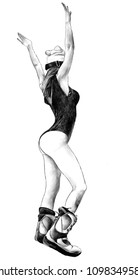 Girl With Her Hands Up In A Hat And In Ski Boots, Stands Back In A Sexy Swimsuit, Sketch Vector Monochrome Illustration In Graphic Style