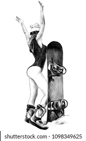 girl with her hands up in the snow back in a swimsuit in a hat and boots and next to her snowboard stuck in the snow, sketch vector monochrome illustration in graphic style