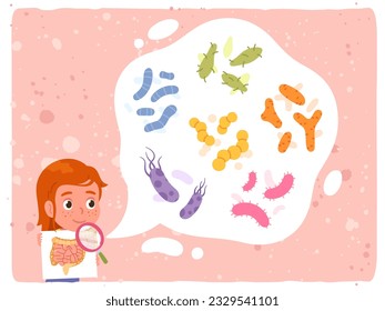 Girl and her healthy gut flora microbes. Kid person looking at her various good bacteria in intestine. Digestive system microbes, colon organ health, digestion concept flat vector illustration