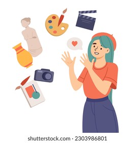 Girl and her hobby. Young person in beret stands near brush, clapperboard, camera, statue and vase. Creativity and art. Cinema, sculpture, drawing and photographing. Cartoon flat vector illustration