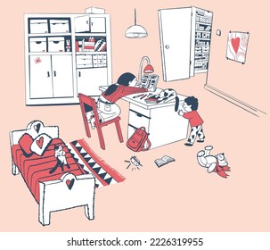 A girl and her little brother in the nursery.  Vector illustration. All objects are made separately and grouped.