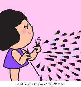 A girl With Her Too Many Shade of Lipsticks. A Girl Can Never Have Too Many Lipsticks. Lipstick Addiction Concept Card Character illustration