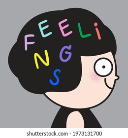 A Girl And Her Mixed Feelings In Colorful Word Within Her Head Concept Card Character illustration