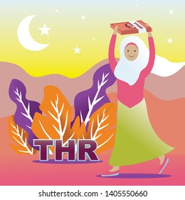 Girl with her money illustration vector, and raised its when closely to eid mubarak day, usually all moslems employee received THR (Tunjangan Hari Raya) or Eid Mubarak bonuses