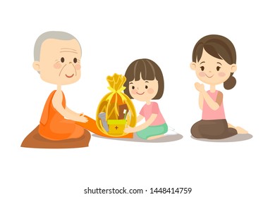 Girl her Mother sitting and offering to Buddhist Vector