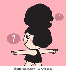 Girl And Her Own Face Shaped Hair Bun Wants To Go Different Way. Concept Of Thinking And Confusing In Yourself Showing Different Directions Wondering Which Way To Go Over Card Character illustration