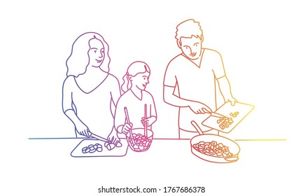 Girl and her parents are cooking. Rainbow colours in linear vector illustration.