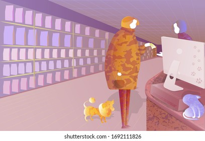 A girl with her pet came to the store to buy goods for animals.