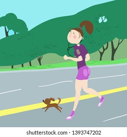The girl and her pet, exercising outdoors, cardio exercises, running, color, cartoon illustration in vector, for advertising of sports complex, stadium