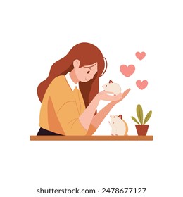 Сute girl and her pet. Girl with hamsters pets. Vector illustration in cartoon style isolated on white.