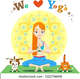 A girl and her Pets are in yoga poses. The circular pattern is in the background. In the foreground of the vector drawing are a girl, a dog and a cat.